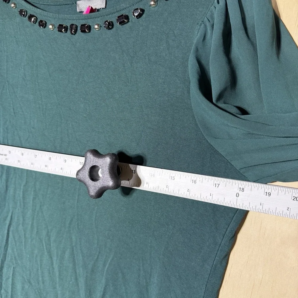 Vince Camuto Women's Medium Green Jeweled Blouse 3/4 Sheer Sleeve‎ Stretch Top
